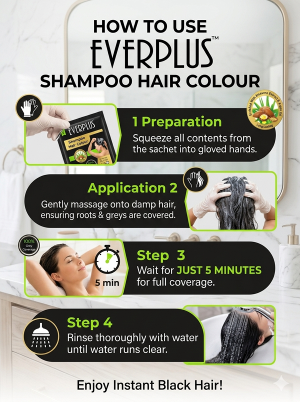how to use 1 Everplus Hair Colour Shampoo Black (20 x 20ml)