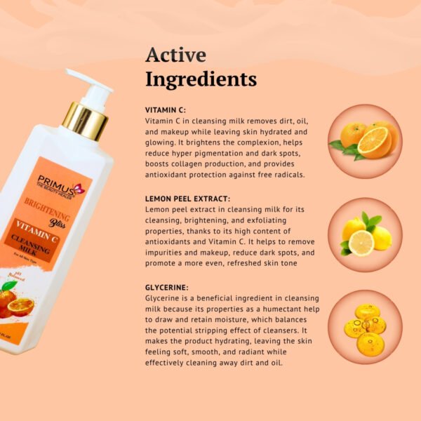 2.INGREDIENTS Primus Vitamin C Cleansing Milk – Brightening, Gentle Face Cleanser 500 ML