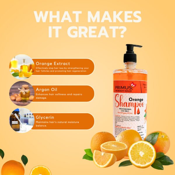 Primus Orange Shampoo – Vitamin C Enriched Nourishing & Strengthening Shampoo for Soft, Shiny & Healthy Hair | For All Hair Types (1000ml)