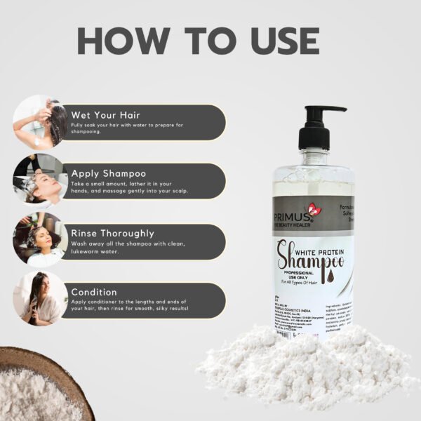 Primus protein shampoo how to use Primus White Protein Shampoo – Protein-Enriched Nourishing & Strengthening Shampoo for Soft, Smooth & Healthy Hair | For All Hair Types (1000ml)